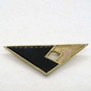 Vintage‎ Triangle Brooch 3" Geometric Gold Tone Black Cream Inlays